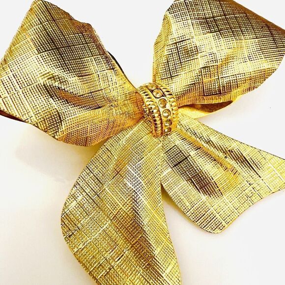 Vintage Textured Satin Bow Ribbon Brooch Crystal Accent Large Gold Matte 4085 - Picture 5 of 9